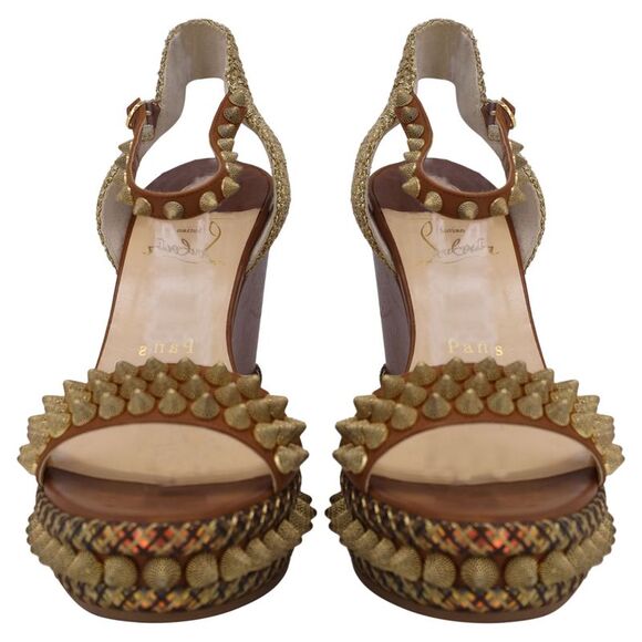 Christian Louboutin Cordorella Spiked Wedge Shoes in Brown Leather - Picture 2 of 7